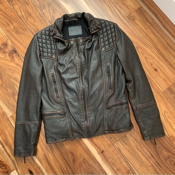 ALLSAINTS Mens Cargo Quilted Brown Leather Biker Jacket XS - Picture 9 of 15